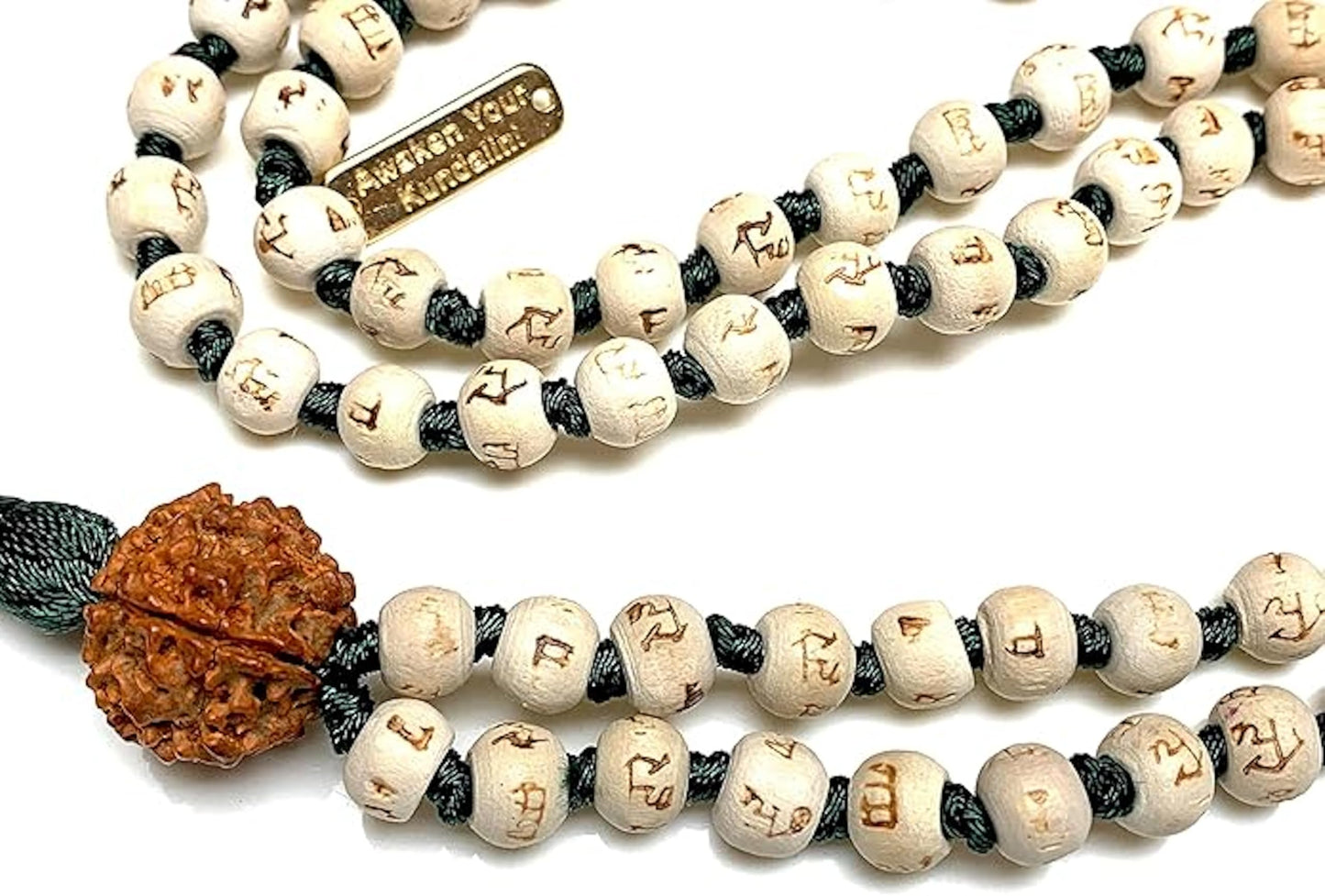 Tulsi Mala Beads Necklace w/ 5 Mukhi Rudraksha – 8mm Beads with "Ram" Inscription – Root Chakra & Aries Birthstone – Meditation Jewelry
