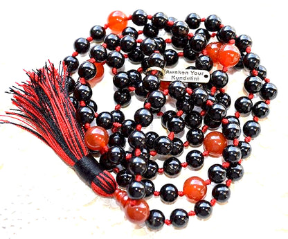 AWAKEN YOUR KUNDALINI Hand Knotted Black Tourmaline & Carnelian Mala Beads Necklace - Birthstone for Leo, Root and Sacral Chakra