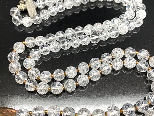 Handmade Himalayan Ice Crystal Quartz Mala Beads Necklace – Pyrite Guru Bead | 8mm 108 Beads | Crown & Solar Plexus Chakras | April Birthstone Energy | Ethically Sourced