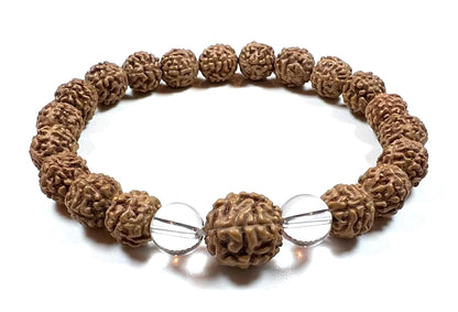 AWAKEN YOUR KUNDALINI Divine Harmony - Stretch Bracelet with Rudraksha & Crystal Quartz - 5 Mukhi, 7 Mukhi Rudraksha, April Birthstone, Taurus Gemstone, Root Chakra