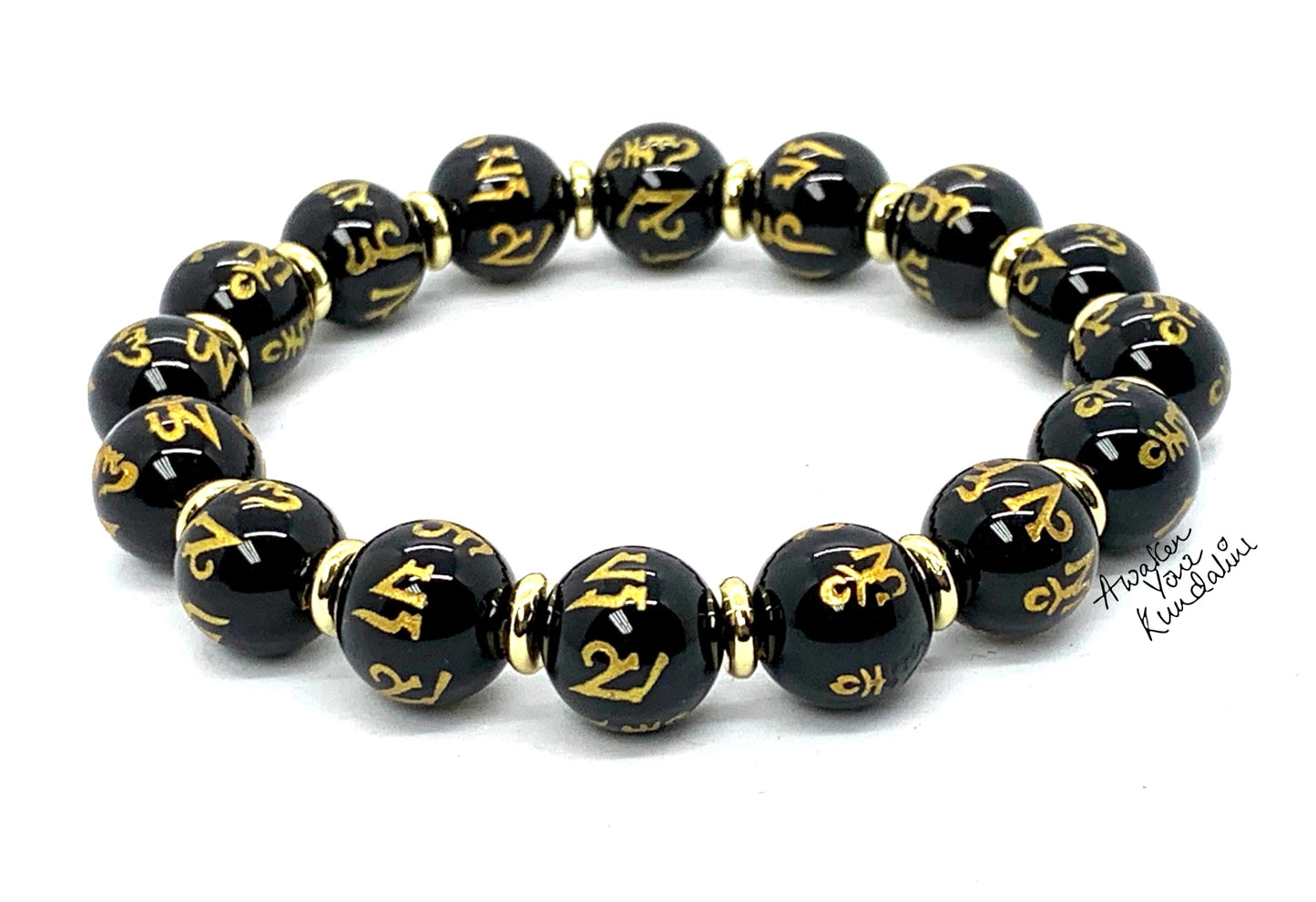 Black Obsidian Buddhist Prayer Beads Stretch Bracelet - Om Mani Padme Hum Mantra Etched Beads - Scorpio Birthstones for October-November - Root Chakra