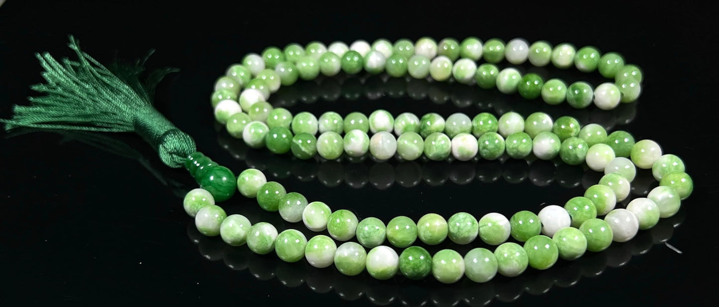 Awaken Your Kundalini Crystal Mala Beads Necklace Reiki healing stones Energized Handmade 108 Buddhist Prayer Beads - w/Velvet Pouch (Green Jade Mix Dyed, 8 mm)
