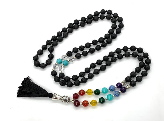 VULCAN 7 Chakra Lava Mala Necklace | Hand Knotted with Buddha Guru Bead | 8mm