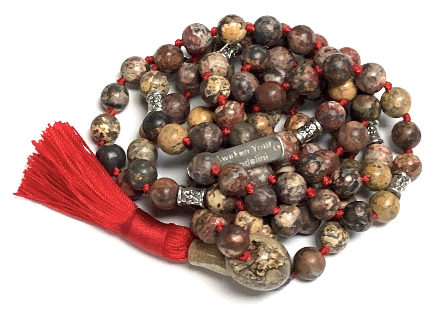 Find Strength & Stability: Hand-Knotted Leopard Skin Jasper Mala Necklace (8mm) - Virgo Birthstone & Root Chakra Balance