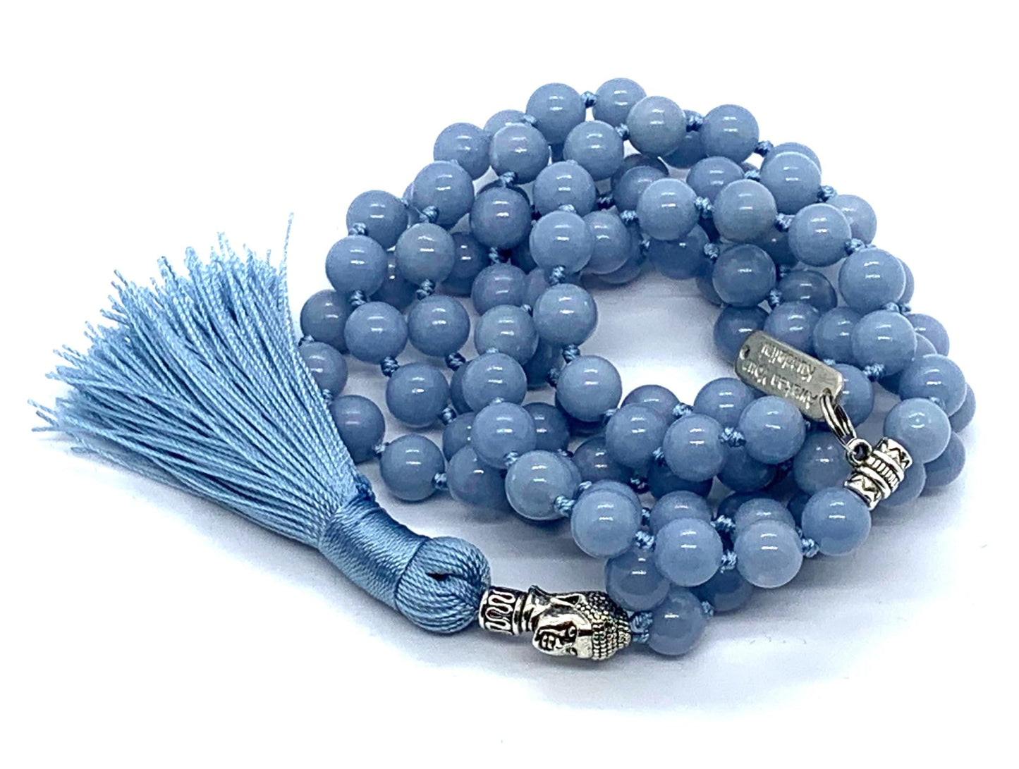 Angelite Beaded Necklace - Hand-Knotted Natural & Ethically Sourced – 8mm 108 Mala Beads – Throat & Crown Chakras – All Zodiac Birthstones – Spiritual Jewelry