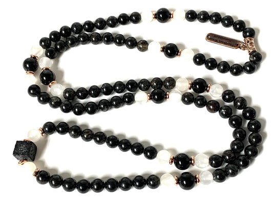 Stretchable Black Tourmaline & Selenite Mala Beads Necklace | 8mm 108 Beads | Root & Crown Chakras | Birthstone Energy | Ethically Sourced
