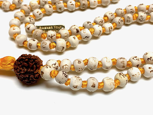 AWAKEN YOUR KUNDALINI Spiritual Harmony Tulsi Mala Necklace with 5 Mukhi Rudraksha - Cancerian Birthstone - Heart & Sacral Chakra Balance