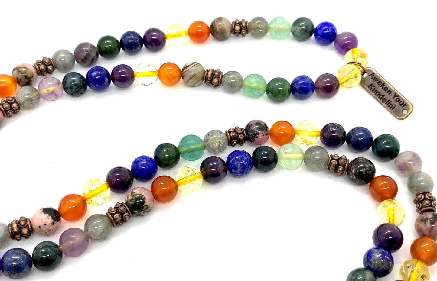 Handmade Protective Aura Mala Beads Necklace – 8mm 108 Beads | Solar Plexus, Third Eye & Heart Chakras | Universal Birthstone Energy | Ethically Sourced