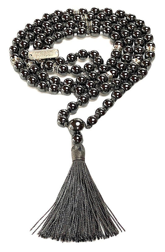 FEROX Hematite Mala Necklace | 108 Hand-Knotted 8mm Beads for Grounding, Focus & Protection | Root Chakra Healing | Aries Birthstone | Handmade in USA