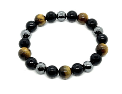Triple Protection Bracelet - Tiger's Eye Black Tourmaline and Pyrite 10mm Beaded Stretch Bracelet - 7.5 Inches Wrist Size