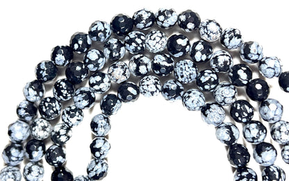 Snowflake Obsidian Mala Beads Necklace, Facetted 8mm 108 Mala Beads, Capricorn and Virgo Birthstone Crystal Gemstones