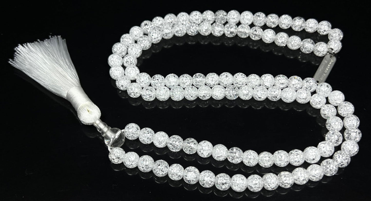 Handmade Crackle Crystal Quartz Mala Necklace – 6mm & 8mm | 108 Beads | Crown Chakra & April Birthstone | Ethically Sourced