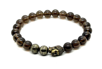 Cultivate Grounding & Transformation: Capricorn Birthstone - Smoky Quartz & Pyrite Root & Solar Plexus Chakra Mala Bracelet (8mm Beads) - Unisex - Buddha Head Spacer