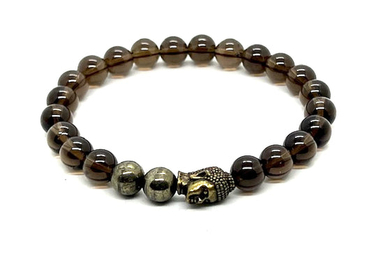 Cultivate Grounding & Transformation: Capricorn Birthstone - Smoky Quartz & Pyrite Root & Solar Plexus Chakra Mala Bracelet (8mm Beads) - Unisex - Buddha Head Spacer