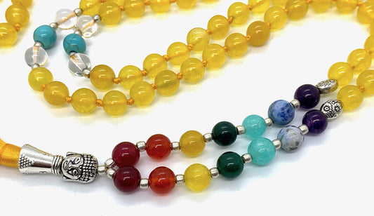 Energized 7 Chakra mala Hand Knotted 108 mala beads necklaces - Japa mala - Buddhist prayer beads - Meditation beads - Healing crystals for men women (Yellow Jade 3rd chakra Solar Plexus chakra mala)