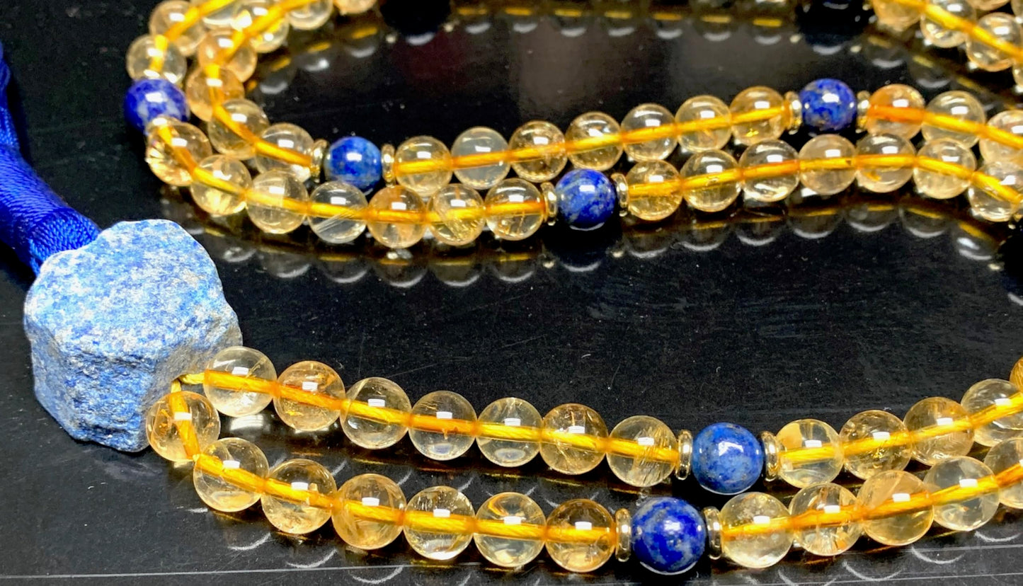 SolSky | Handmade Wisdom Necklace – Natural Citrine & Lapis Lazuli Mala Beads | 8mm 108 Beads | Solar Plexus & Throat Chakras | November & September Birthstones | Ethically Sourced