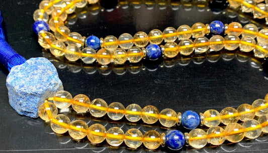 SolSky | Handmade Wisdom Necklace – Natural Citrine & Lapis Lazuli Mala Beads | 8mm 108 Beads | Solar Plexus & Throat Chakras | November & September Birthstones | Ethically Sourced