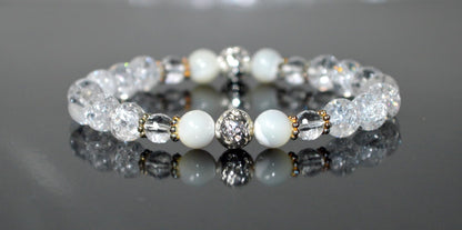 Handmade AAA Crackled and Faceted Crystal Quartz with Mother of Pearl Stretch Bracelet, Gemini Birthstone, May-June Sun Sign, Crown Chakra