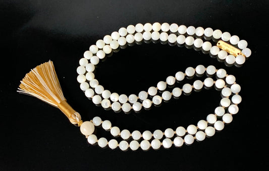 Mother of Pearl Mala Beasds Necklace - Embrace Serenity, Radiance, and Inner Strength, 8mm Beads, 108 Prayer Beads