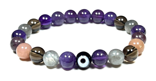 AWAKEN YOUR KUNDALINI Tranquility and Emotional Balance Stretch Bracelet, Evil Eye, Rose Quartz, Amethyst, Smoky Quartz, Labradorite, Charoite