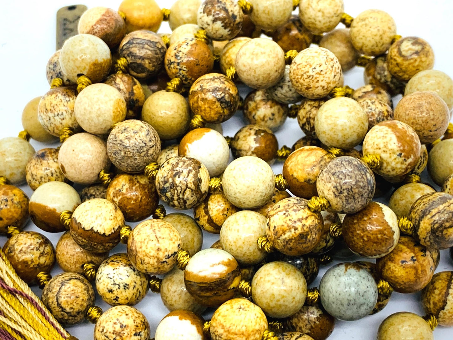 Hand-Knotted Picture Jasper Mala Beads Necklace – 8mm 108 Beads – Root Chakra & Virgo Birthstone – Meditation Jewelry