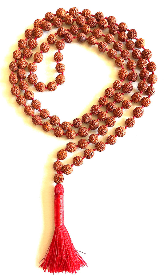 Rudraksha mala Beads necklace Rudraksh Japa 5 Mukhi ( 5 Face ) Hand Knotted Prayer Beads Sizes 6mm 8mm 10mm 12mm Energized Chakra mala w/ Pouch (8MM KNOTTED FULL MALA (108+1) BEADS)