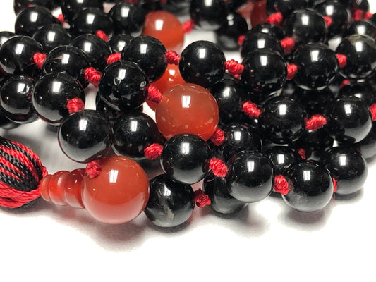 Hand-Knotted Black Tourmaline & Red Carnelian Mala Beads Necklace – 108 Beads – Scorpio & Aries Birthstone – Root & Sacral Chakra Energy Beads