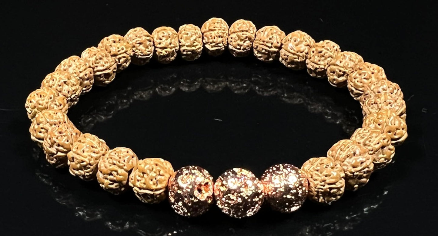 Handmade 5 Mukhi Chikna Rudraksha & Rose Gold Lava Bead Bracelet - Root Chakra Balance & Universal Birthstone - Strength & Harmony