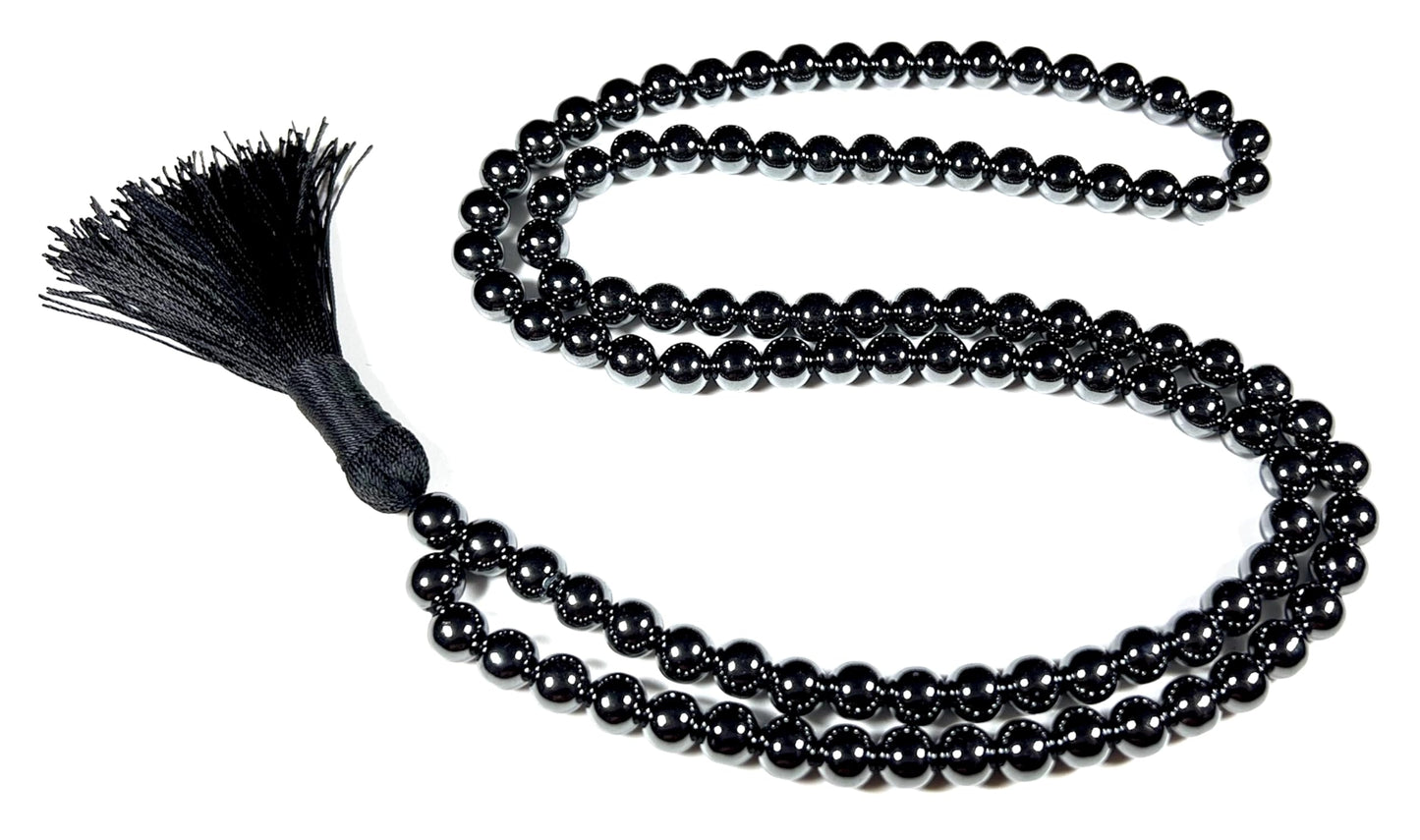 FEROX Hematite Mala Necklace | 108 Hand-Knotted 8mm Beads for Grounding, Protection & Root Chakra Healing | Confidence Crystal | Handmade in USA