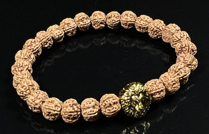 Unleash Inner Strength & Grounding: Handmade 5 Mukhi Rudraksha & Golden Polished Lion Head Bracelet (8mm) - Root Chakra & Universal Sun Sign
