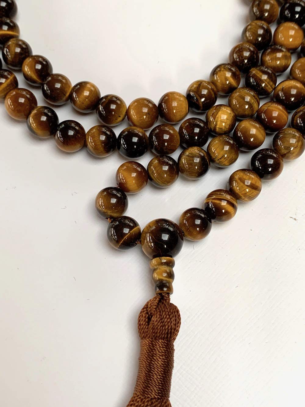 Tiger Eye Tiger's Eye Mala Beads Necklace 3rd Chakra Throat Chakra Healing Crystals 108 Prayer Beads - Grounding Integrity Will Power Intution Insomnia Libido Powerful (BROWN, Bead size 8 mm)