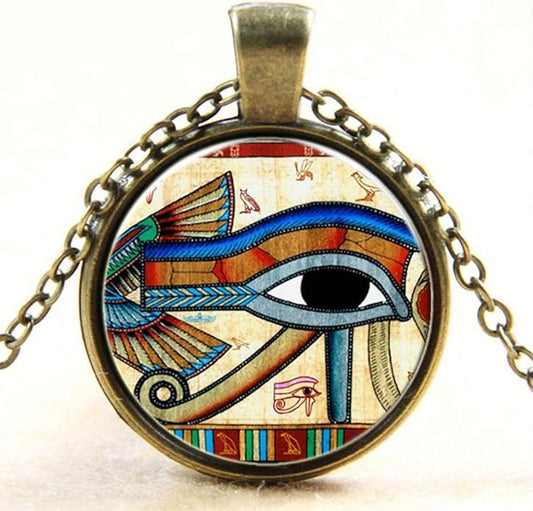 Egyptian Eye of Horus Pattern Flat Round Glass Pendant Necklaces, with Alloy Chains, Antique Bronze, 18" Inches
