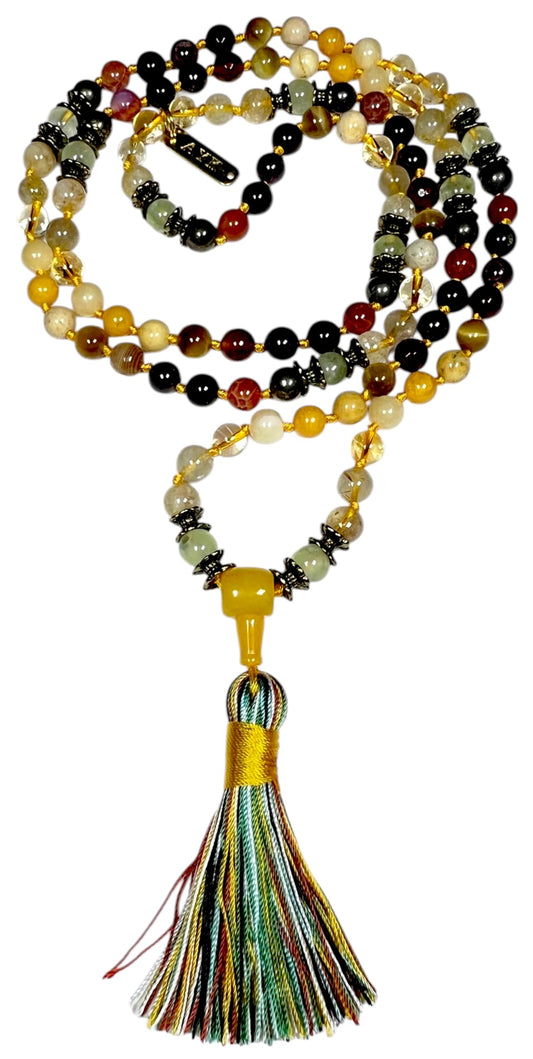 Hand Knotted Abundance Alchemist Mala Beads Necklace | Manifestation Crystals | 8mm 108 Beads | Solar Plexus & Root Chakras | Universal Zodiac Birthstones | Ethically Sourced
