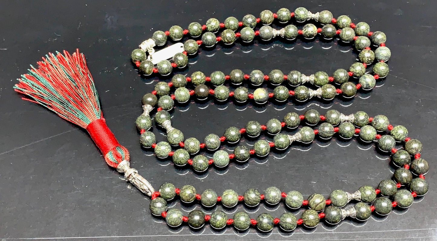 Hand Knotted Sacred Serpent Mala – Serpentine Beads | 8mm 108 Beads | Heart Chakra | May Birthstone Energy | Ethically Sourced