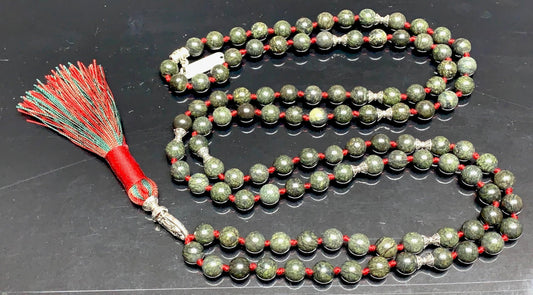 Hand Knotted Sacred Serpent Mala – Serpentine Beads | 8mm 108 Beads | Heart Chakra | May Birthstone Energy | Ethically Sourced