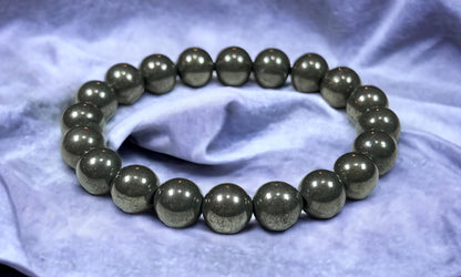 Ignite Your Willpower: Handmade Pyrite Stretch Bracelet (10mm Beads) - Aries Birthstone & Solar Plexus Chakra Power
