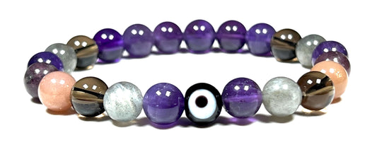 AWAKEN YOUR KUNDALINI Tranquility and Emotional Balance Stretch Bracelet, Evil Eye, Rose Quartz, Amethyst, Smoky Quartz, Labradorite, Charoite