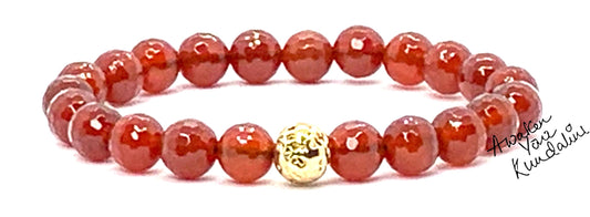 Red Carnelian & Golden Finish Lava Rock Stretch Bracelet – 8mm Beads – AAA Grade Faceted – Sacral Chakra & Leo Birthstone