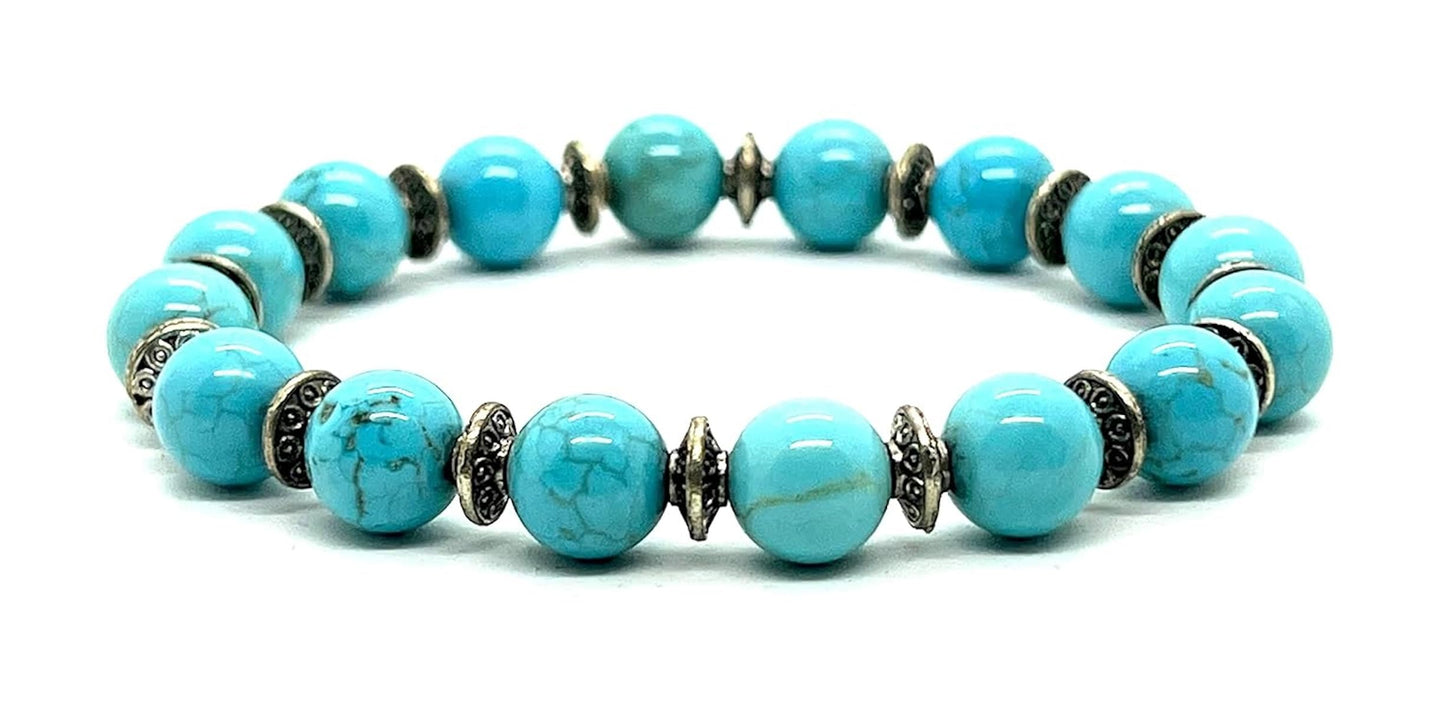 Turquoise Stretch Bracelet, Natural Gemstone Beads, Beaded Wristband, Boho Style, Handmade Jewelry, Communication, Emotional Balance - Approx. 7.25 Inches Wrist Size