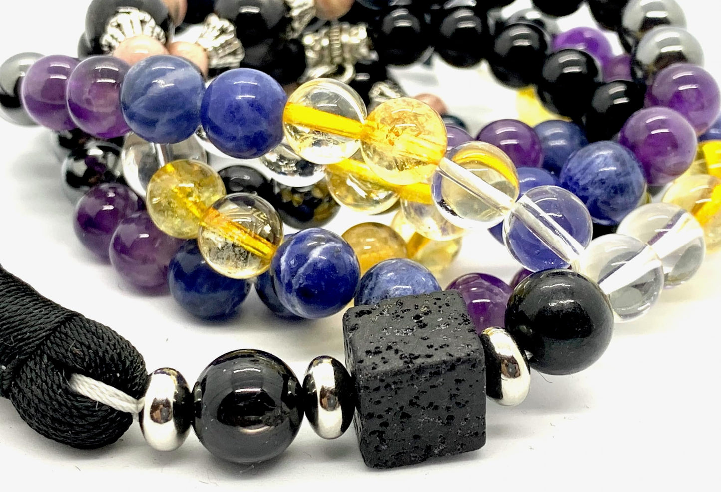 Empath Support Mala Beads Necklace – 8mm Gemstones & 12mm Lava Square | 108 Beads | 8 Protective Stones | Root to Crown Chakra Alignment | Ethically Sourced
