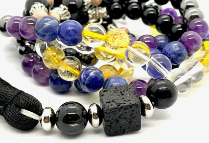 Empath Support Mala Beads Necklace – 8mm Gemstones & 12mm Lava Square | 108 Beads | 8 Protective Stones | Root to Crown Chakra Alignment | Ethically Sourced