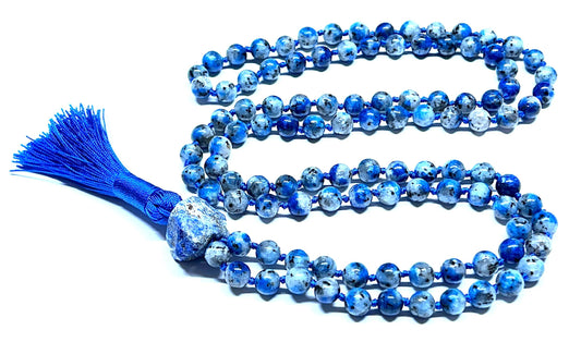 Natural K2 Gemstone Mala Beads Necklace – Virgo Birthstone – 108 Hand Knotted 8mm Beads – Third Eye Chakra – Ethically Sourced Spiritual Crystal Jewelry for Meditation & Style