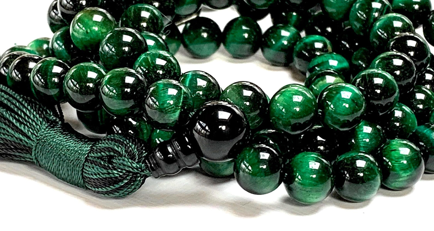 Green Tiger's Eye Tiger Eye Mala Necklace, 8mm 108 Beads, Taurus and Virgo Birthstone Mala, Solar Plexus and Heart Chakra Association