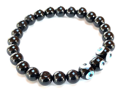 Black Tourmaline & Evil Eye Stretch Bracelet – Birthstone for October, Sun Sign Scorpio & Libra, Root Chakra