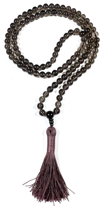 Handmade Smoky Quartz Mala Beads Necklace | 6mm & 8mm 108 Beads | Hand-Knotted Spiritual Energy Beads | Capricorn Birthstone & Root Chakra Connection