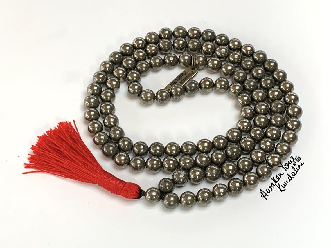 Pyrite Mala Necklace, 8mm 108 Beads Iron Pyrite Tassel Necklace for Men, Women, Leo Birthstone, Sacral Chakra Association