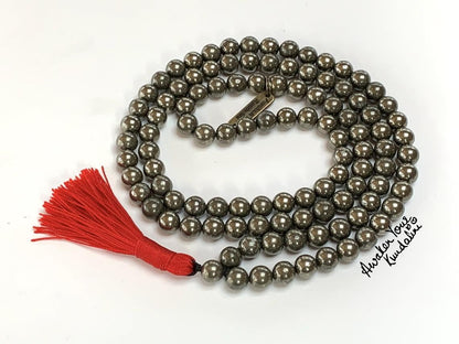 Pyrite Mala Necklace, 8mm 108 Beads Iron Pyrite Tassel Necklace for Men, Women, Leo Birthstone, Sacral Chakra Association