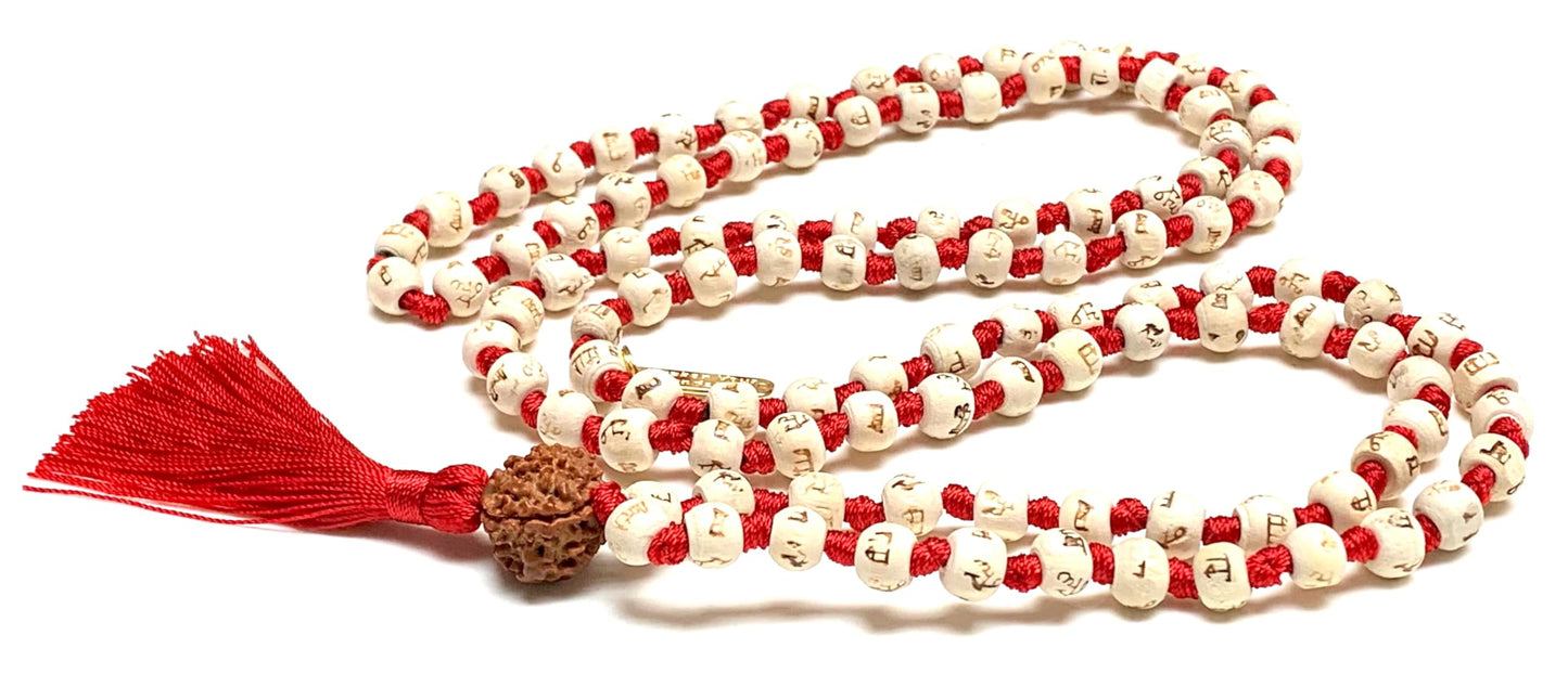 Tulsi Mala Beads Necklace w/ 5 Mukhi Rudraksha – 8mm Beads with "Ram" Inscription – Root Chakra & Aries Birthstone – Meditation Jewelry