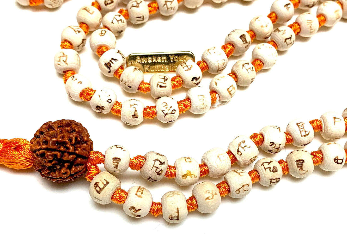 Tulsi Mala Beads Necklace w/ 5 Mukhi Rudraksha – 8mm Beads with "Ram" Inscription – Root Chakra & Aries Birthstone – Meditation Jewelry