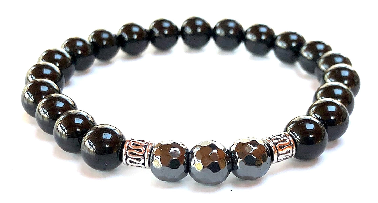 Black Tourmaline & Hematite Beads Stretch Bracelet – Birthstone for October, Sun Sign Scorpio & Libra, Root & Solar Plexus Chakra